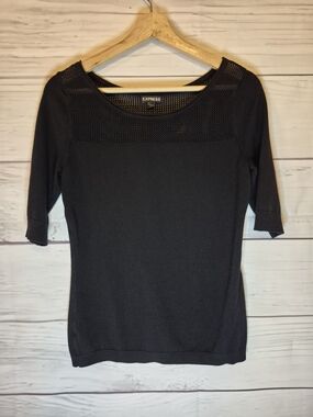 Express Black Knit Top with Mesh Yoke Short Sleeve Sweater Style MEDIUM